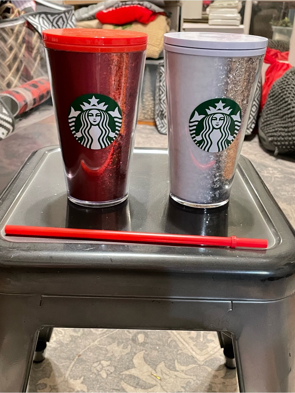2020 Starbucks Red and Silver Sparkle Tumbler Duo with 1 Red Straw